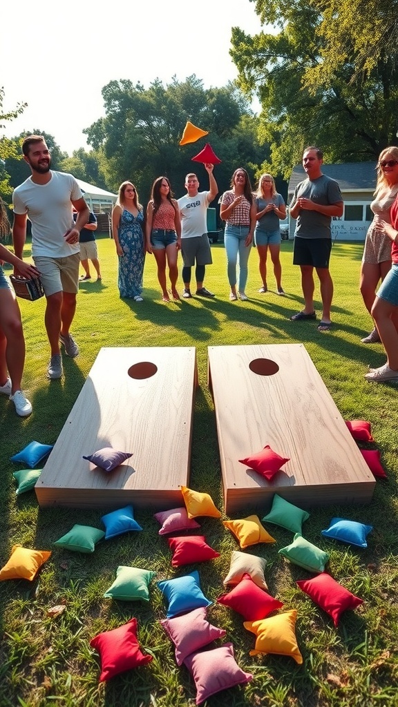 Cornhole Game Instructions Players enjoying a game of cornhole outdoors with colorful bags and wooden boards.